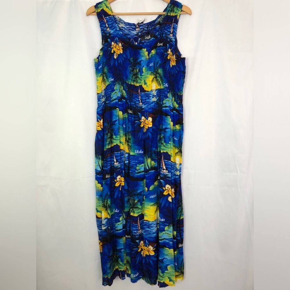 Aloha Hut Hawaii Women's Sleeveless Maxi Dress Blue Sunset Print Size Plus - Picture 1 of 11